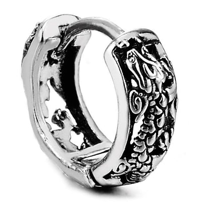 Pair Stainless Steel Dragon Filigree Huggie Hinged Hoop Earrings for Men