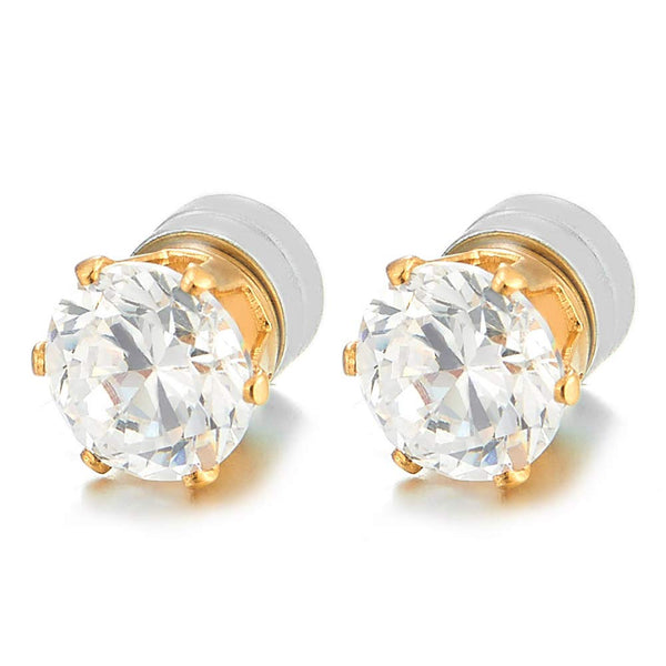 Mens Womens Magnetic Cubic Zirconia Stud Earrings, Gold Steel, Non-Piercing Clip On Cheater Fake Ear - COOLSTEELANDBEYOND Jewelry