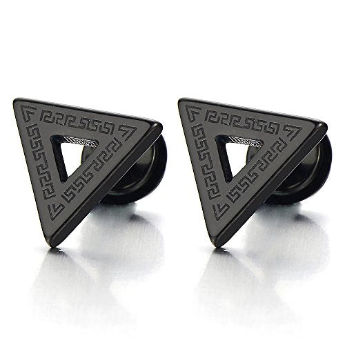 Stainless Steel Mens Triangle Stud Earrings with Greek Key Pattern, Screw Back 2pcs - coolsteelandbeyond