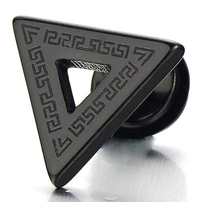 Stainless Steel Mens Triangle Stud Earrings with Greek Key Pattern, Screw Back 2pcs - coolsteelandbeyond