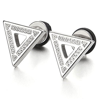 Stainless Steel Mens Triangle Stud Earrings with Greek Key Pattern, Screw Back 2pcs - coolsteelandbeyond