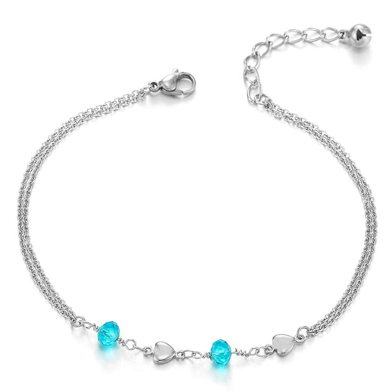 COOLSTEELANDBEYOND Steel Two-Row Link Chain Anklet Bracelet with Charms of Blue Crystal Beads and Hearts, Adjustable - COOLSTEELANDBEYOND Jewelry