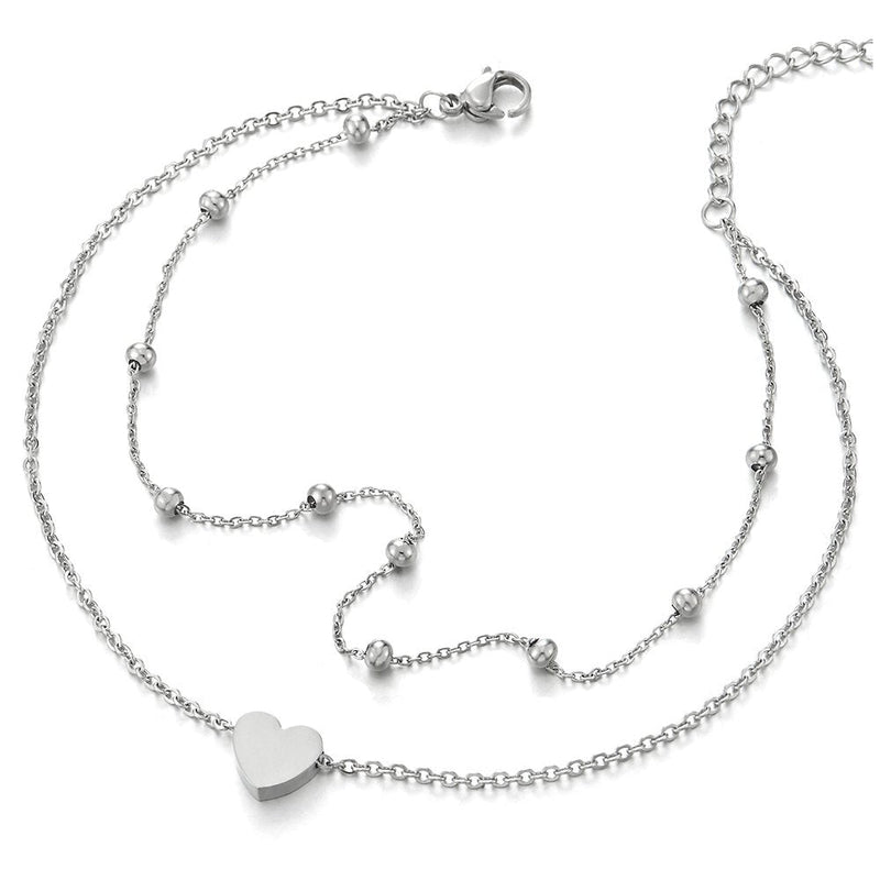 Stylish Two-Row Stainless Steel Anklet Bracelet with Heart and Beads Charms - COOLSTEELANDBEYOND Jewelry