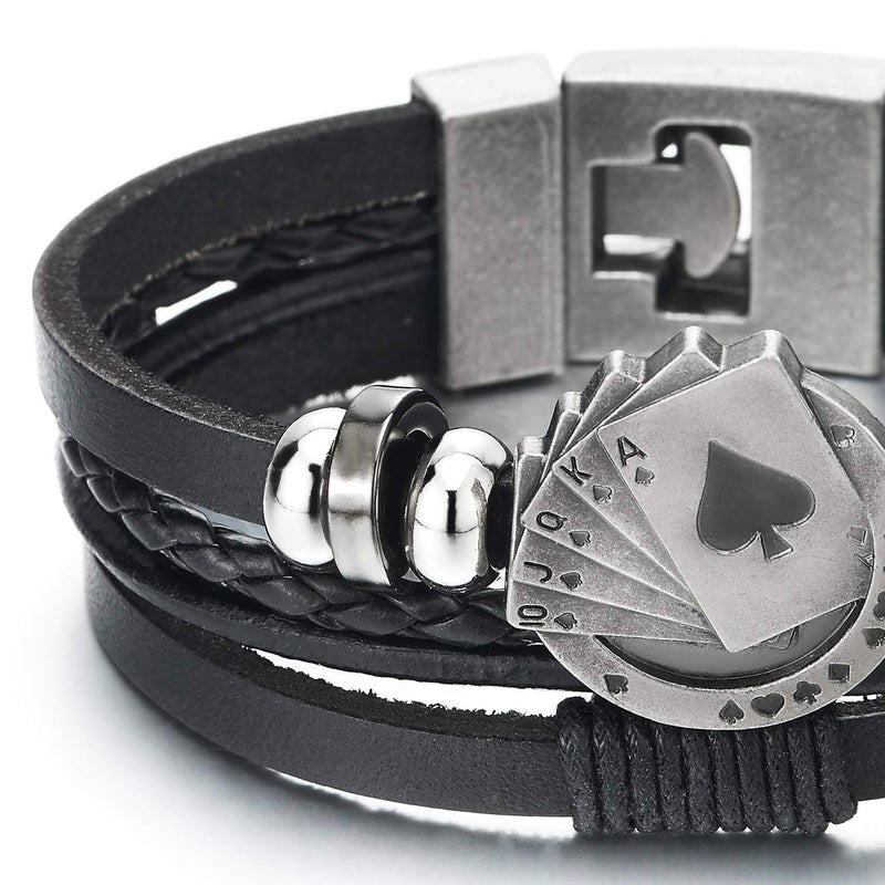 Ace Card Poker Spade Sequence Bead Charms Multi-Strand Black Braided Leather Wrap Wristband Bracelet - COOLSTEELANDBEYOND Jewelry