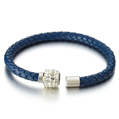 COOLSTEELANDBEYOND Blue Leather Bangle Bracelet with Cubic Zirconia and Steel Magnetic Clasp - COOLSTEELANDBEYOND Jewelry