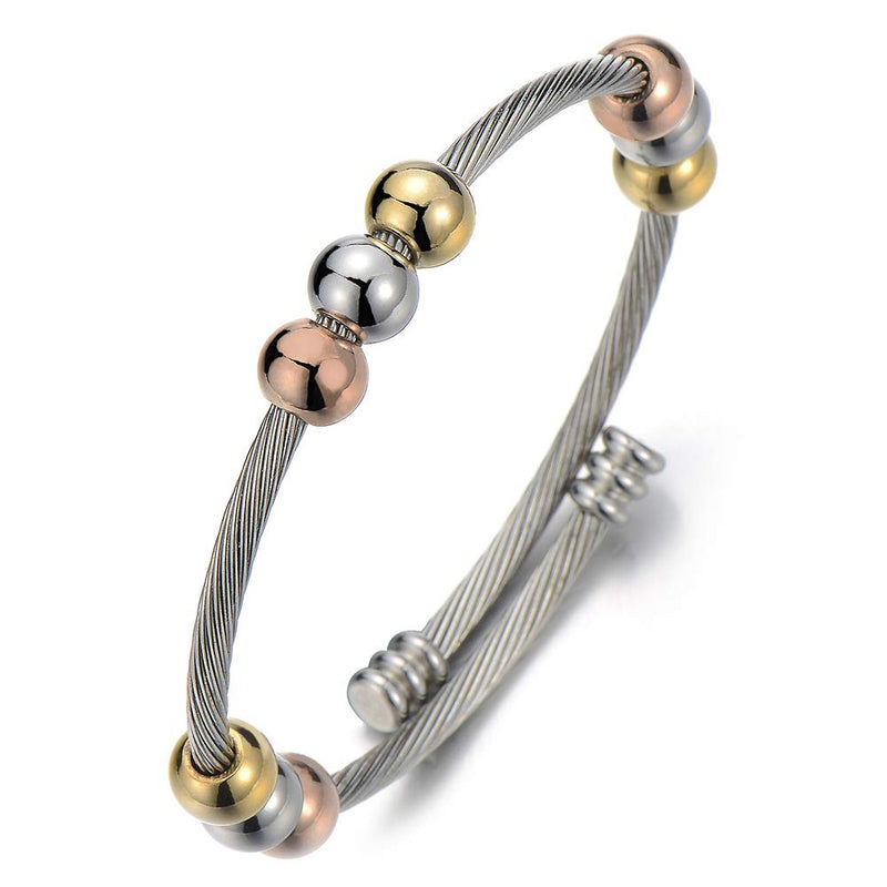 COOLSTEELANDBEYOND Elastic Adjustable Stainless Steel Silver Gold Beads Bangle Cuff Bracelet for Women and - COOLSTEELANDBEYOND Jewelry