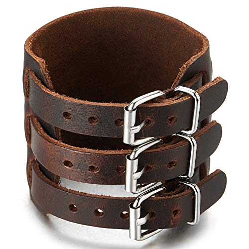 COOLSTEELANDBEYOND Extra Wide Mens Leather Bracelet Genuine Black Leather Bangle with Three Buckle Clasps - coolsteelandbeyond