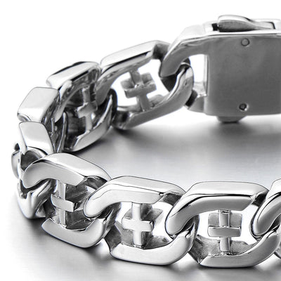 Men's Stainless Steel Curb Chain Bracelet with Cross Silver Color High Polished - COOLSTEELANDBEYOND Jewelry