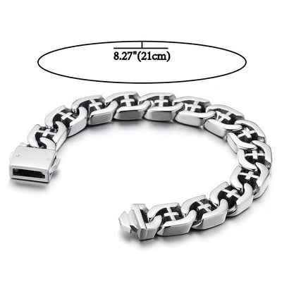 Men's Stainless Steel Curb Chain Bracelet with Cross Silver Color High Polished - COOLSTEELANDBEYOND Jewelry