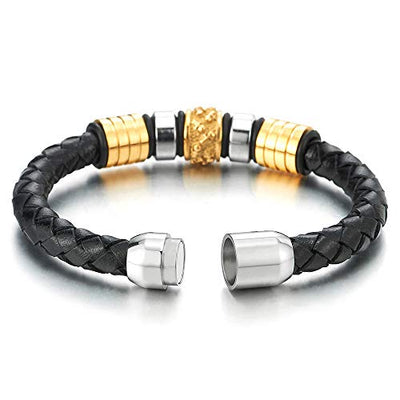 COOLSTEELANDBEYOND Mens Black Braided Leather Bracelet Bangle Wristband with Stainless Steel Skulls Charms Silver Gold - coolsteelandbeyond