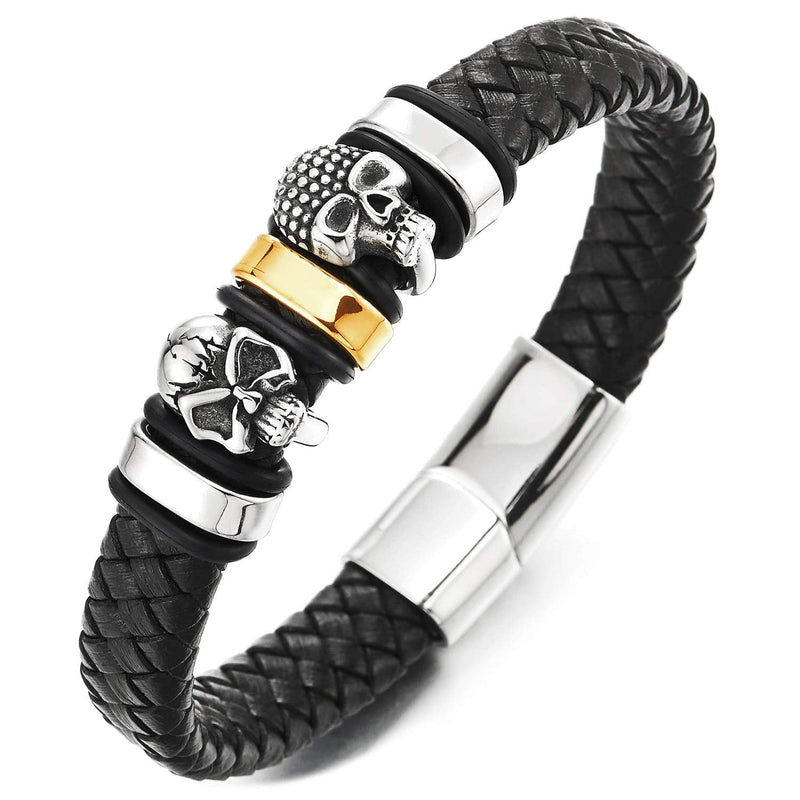 Mens Steel Silver Gold Skull Charms Black Leather Bracelet Wristband Bangle, Steel Magnetic Clasp