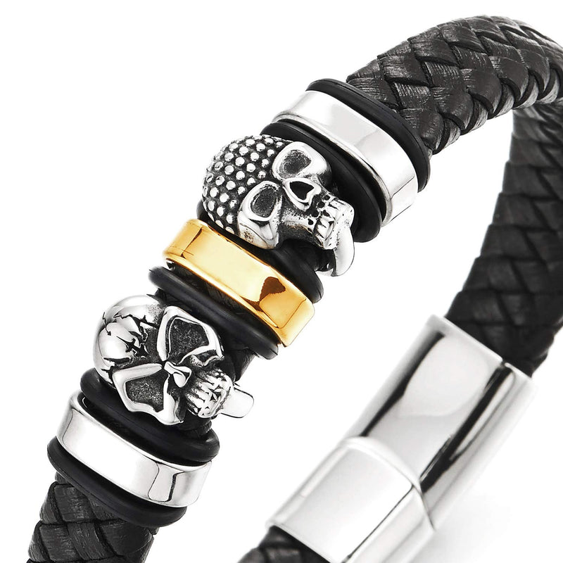 Mens Steel Silver Gold Skull Charms Black Leather Bracelet Wristband Bangle, Steel Magnetic Clasp