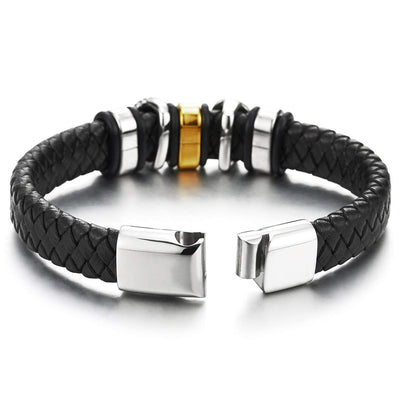 Mens Steel Silver Gold Skull Charms Black Leather Bracelet Wristband Bangle, Steel Magnetic Clasp