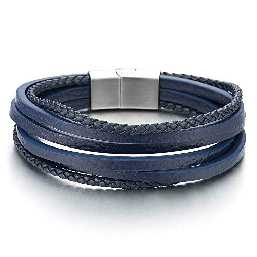 COOLSTEELANDBEYOND Mens Womens Multi-Strand Navy Blue Braided Leather Bracelet Wristband with Steel Magnetic Clasp - coolsteelandbeyond