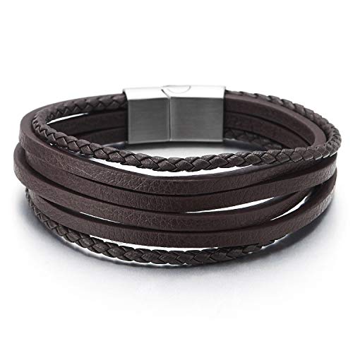 COOLSTEELANDBEYOND Mens Womens Multi-Strand Navy Blue Braided Leather Bracelet Wristband with Steel Magnetic Clasp - coolsteelandbeyond