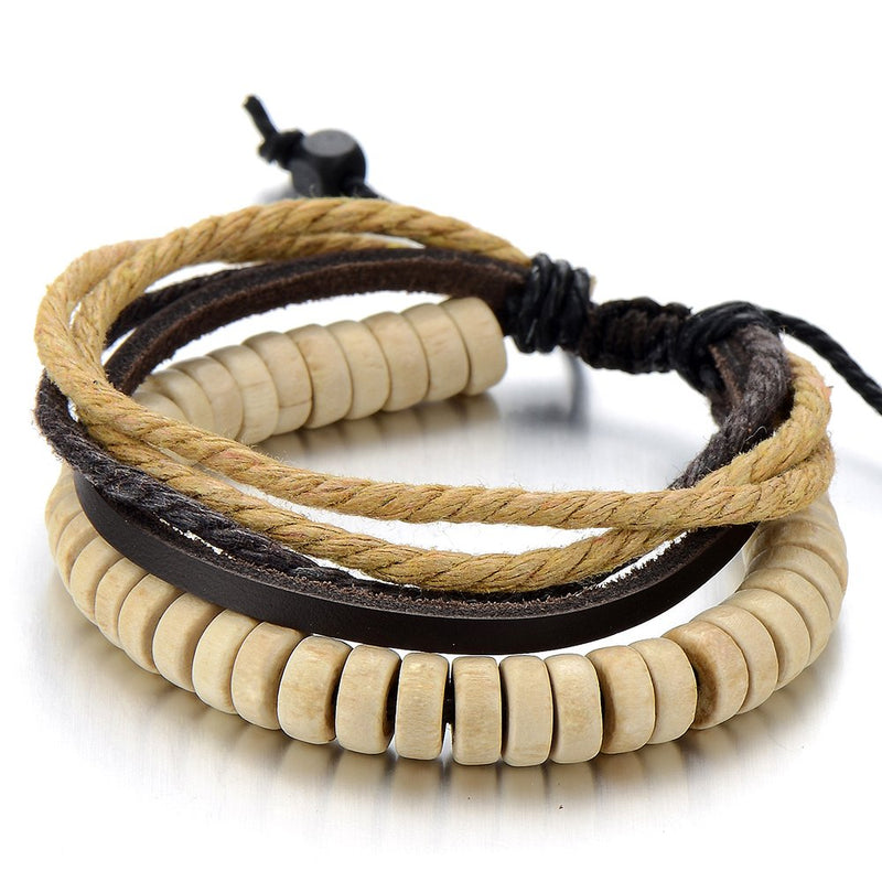 COOLSTEELANDBEYOND Tribal Ivory Mens Womens Leather Rope Bracelet with Wood Beads String Wristband Wrap Bracelet - coolsteelandbeyond