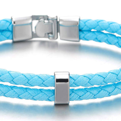 COOLSTEELANDBEYOND Unique Two-Row Sky Blue Braided Leather Bangle Bracelet Men Women - COOLSTEELANDBEYOND Jewelry