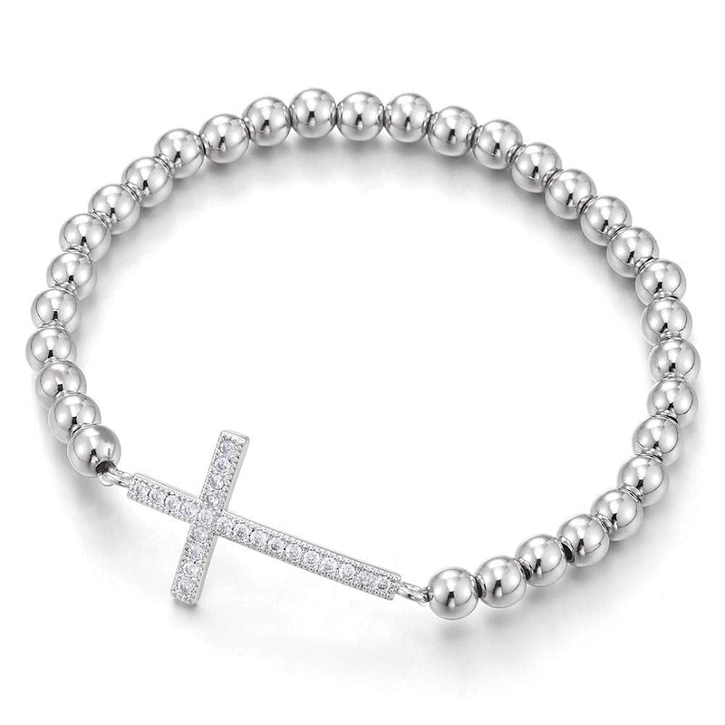 COOLSTEELANDBEYOND Womens Beads Link Chain Bracelet Cubic Zirconia Horizontal Sideway Cross, Exquisite - COOLSTEELANDBEYOND Jewelry