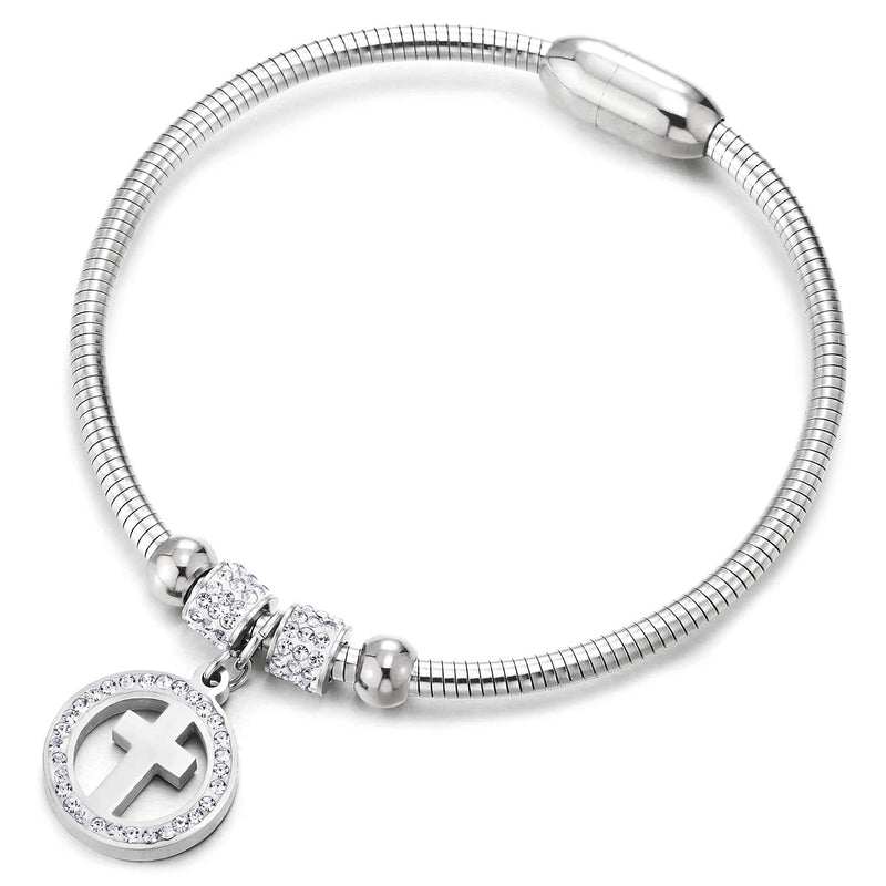 COOLSTEELANDBEYOND Womens Steel Beads and Cubic Zirconia Circle Cross Charms Bangle Bracelet with Magnetic Clasp - COOLSTEELANDBEYOND Jewelry