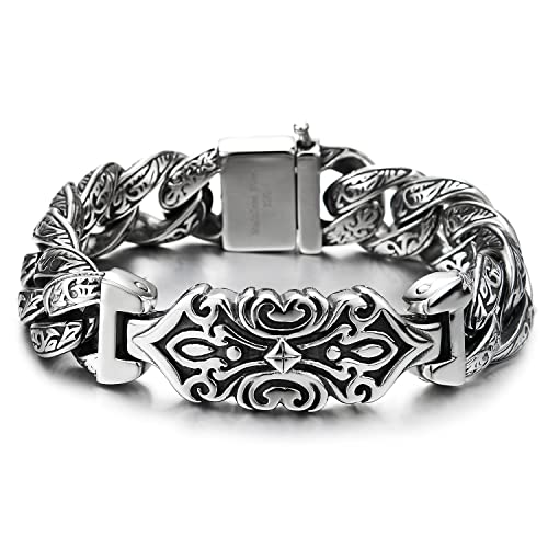 Mens Retro Style Steel Tribal Tattoo ID Identification Curb Chain Bracelet with Spring Clasp