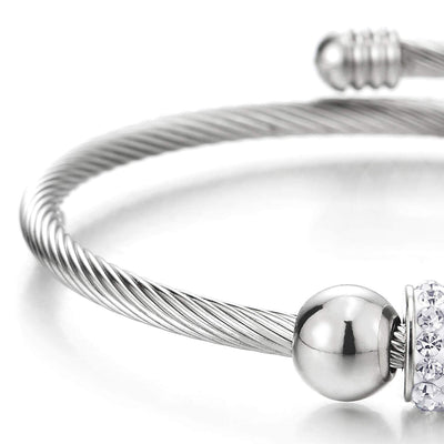 Steel Cubic Zirconia Circle Charm and Beads Twisted Cable Bangle Cuff Bracelet for Women, Adjustable - coolsteelandbeyond