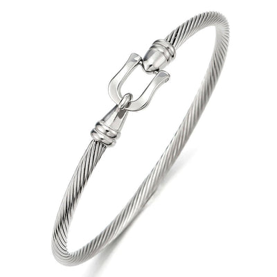 COOLSTEELANDBEYOND Stylish Stainless Steel Twisted Cable Bangle Bracelet with Hook Clasp for Women - coolsteelandbeyond