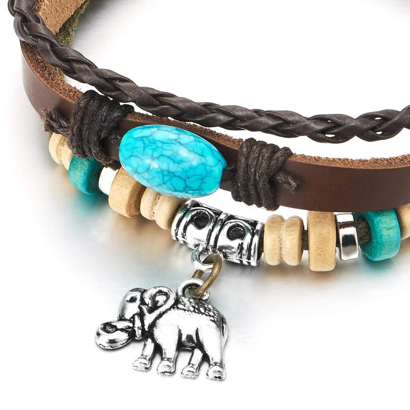 Women Three-Strand Elephant Turquoise Beads Charms Bracelet Tribal Brown Leather Wristband Bracelet - COOLSTEELANDBEYOND Jewelry