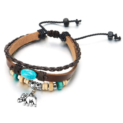 Women Three-Strand Elephant Turquoise Beads Charms Bracelet Tribal Brown Leather Wristband Bracelet - COOLSTEELANDBEYOND Jewelry