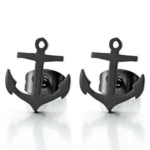 2pcs Stainless Steel Black Anchor Stud Earrings for Men and Women - coolsteelandbeyond