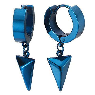 Black Dangling Triangle Pyramid Huggie Hinged Earrings for Men Women, Stainless Steel, 2pcs - coolsteelandbeyond