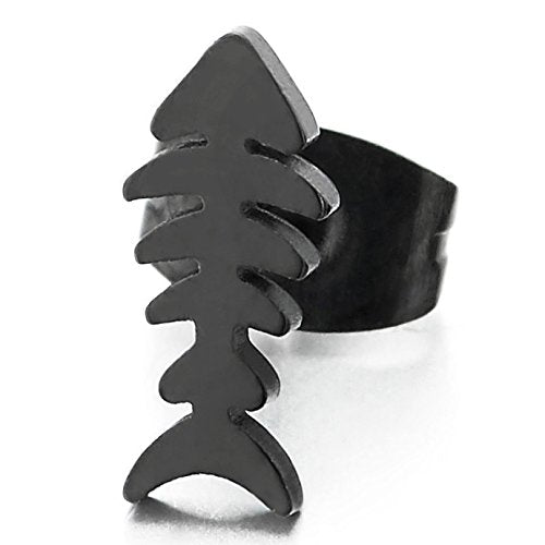 Black Fish Bone Stud Earrings for Men Women, Stainless Steel, 2 pcs - COOLSTEELANDBEYOND Jewelry