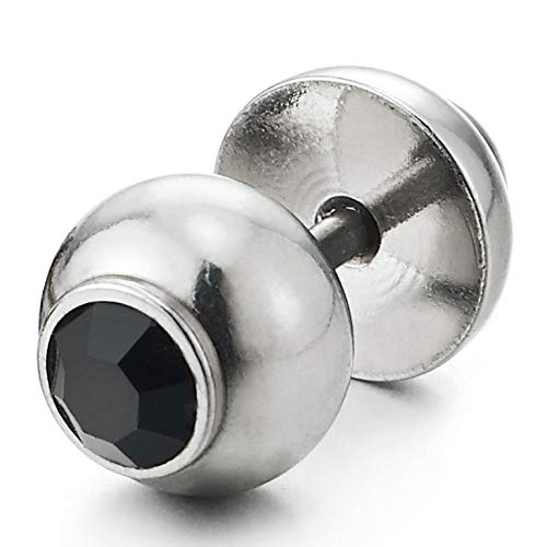 Men Women Dome Stud Earrings with Black Cubic Zirconia, Steel Cheater Fake Ear Plugs Gauges Illusion - coolsteelandbeyond