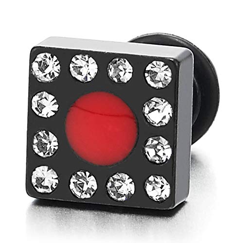 Men Womens Stainless Steel Black Square Stud Earrings with Cubic Zirconia and Red Enamel, Screw Back - coolsteelandbeyond