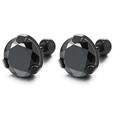 Mens Women Black Stainless Steel Stud Earrings with Black Solitaire Cubic Zirconia Screw Back 2 pcs - COOLSTEELANDBEYOND Jewelry