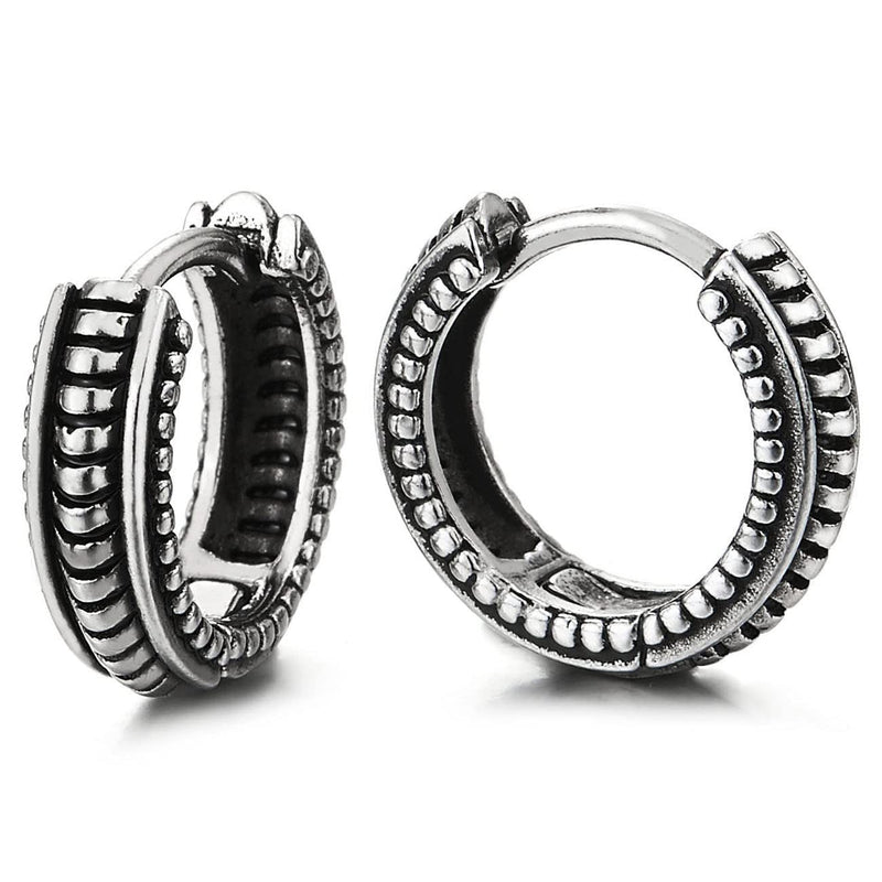 Mens Women Retro Style Stainless Steel Grooved Dotted Huggie Hinged Hoop Earrings 2 pcs - COOLSTEELANDBEYOND Jewelry