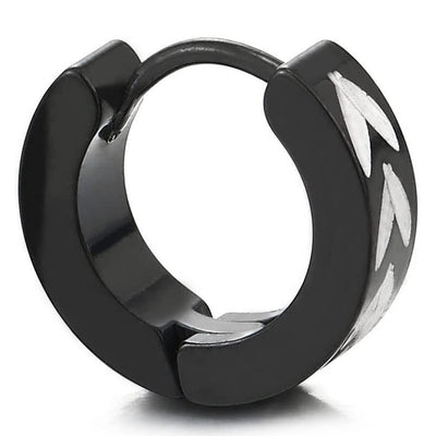 Mens Women Silver Black Steel Circle Huggie Hinged Hoop Earrings with Leaf Laser Pattern 2 pcs - COOLSTEELANDBEYOND Jewelry