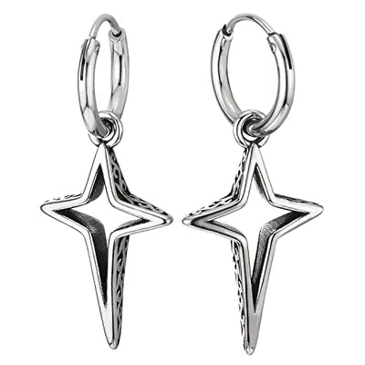 Mens Women Stainless Steel Huggie Hinged Hoop Earrings with Hollow Four Pointed star 2 pcs - COOLSTEELANDBEYOND Jewelry