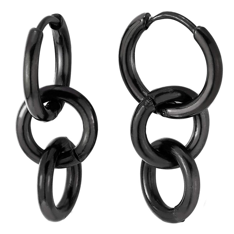 Mens Womens Stainless Steel Black Three Circles Link Huggie Hinged Hoop Earrings, 2pcs - COOLSTEELANDBEYOND Jewelry