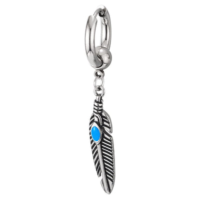 Mens Womens Stainless Steel Huggie Hinged Hoop Earrings, Dangling Feather Leaf with Turquoise - COOLSTEELANDBEYOND Jewelry