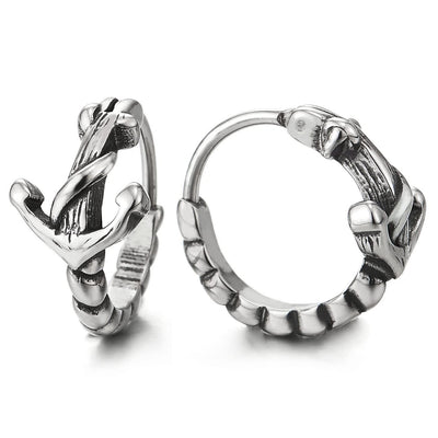 Mens Womens Stainless Steel Huggie Hinged Hoop Earrings with Marine Anchor - COOLSTEELANDBEYOND Jewelry