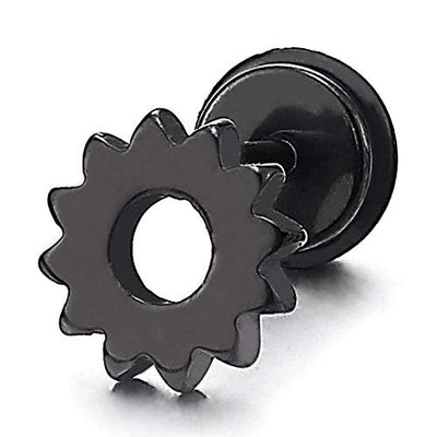 Pair Black Gear Wheel Stud Earrings for Men Women, Stainless Steel, Screw Back - COOLSTEELANDBEYOND Jewelry