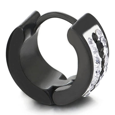 Pair Mens Womens Black Steel Huggie Hinged Hoop Earrings with Black and White Cubic Zirconia - COOLSTEELANDBEYOND Jewelry