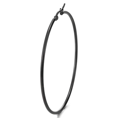 Pair Stainless Steel Large Black Plain Circle Huggie Hinged Hoop Earrings for Women - COOLSTEELANDBEYOND Jewelry