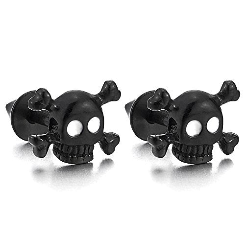 Stainless Steel Black Pirate Skull Stud Earrings Men Women, Gothic Punk Rock, Screw Back, 2 Pcs - coolsteelandbeyond