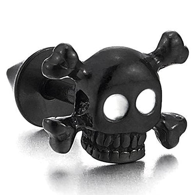 Stainless Steel Black Pirate Skull Stud Earrings Men Women, Gothic Punk Rock, Screw Back, 2 Pcs - coolsteelandbeyond