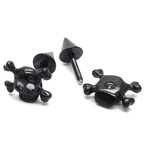 Stainless Steel Black Pirate Skull Stud Earrings Men Women, Gothic Punk Rock, Screw Back, 2 Pcs - coolsteelandbeyond