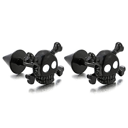 Stainless Steel Black Pirate Skull Stud Earrings Men Women, Gothic Punk Rock, Screw Back, 2 Pcs - coolsteelandbeyond