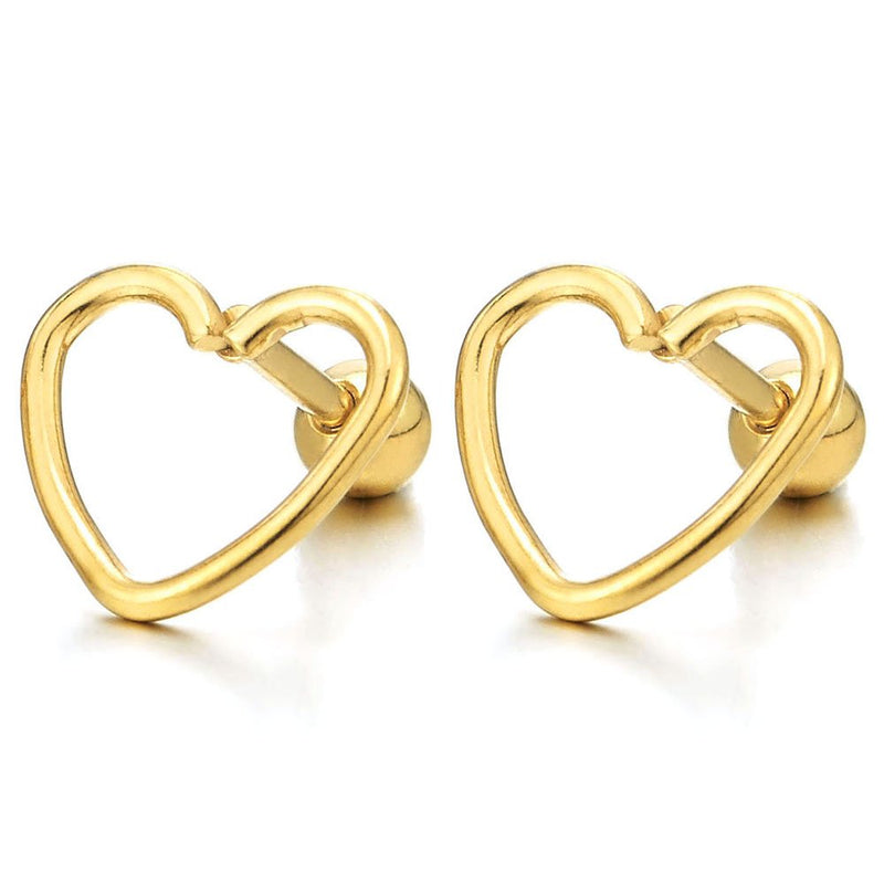 Womens Stainless Steel Gold Color Open Heart Stud Earrings, Screw Back, 2Pcs - COOLSTEELANDBEYOND Jewelry