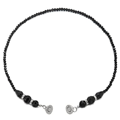 Black Beads Statement Necklace Crystal Chain Choker Collar Magnetic Clasp with Cubic Zirconia