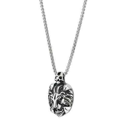 Mens Stainless Steel Biker Skull Lion Pendant Necklace with 23 Inches Steel Wheat Chain